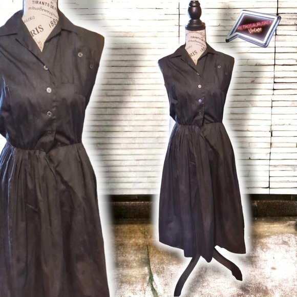 Vintage 1950's Retro Pinup Black Sleeveless Shirt Dress, Small - Picture 1 of 8